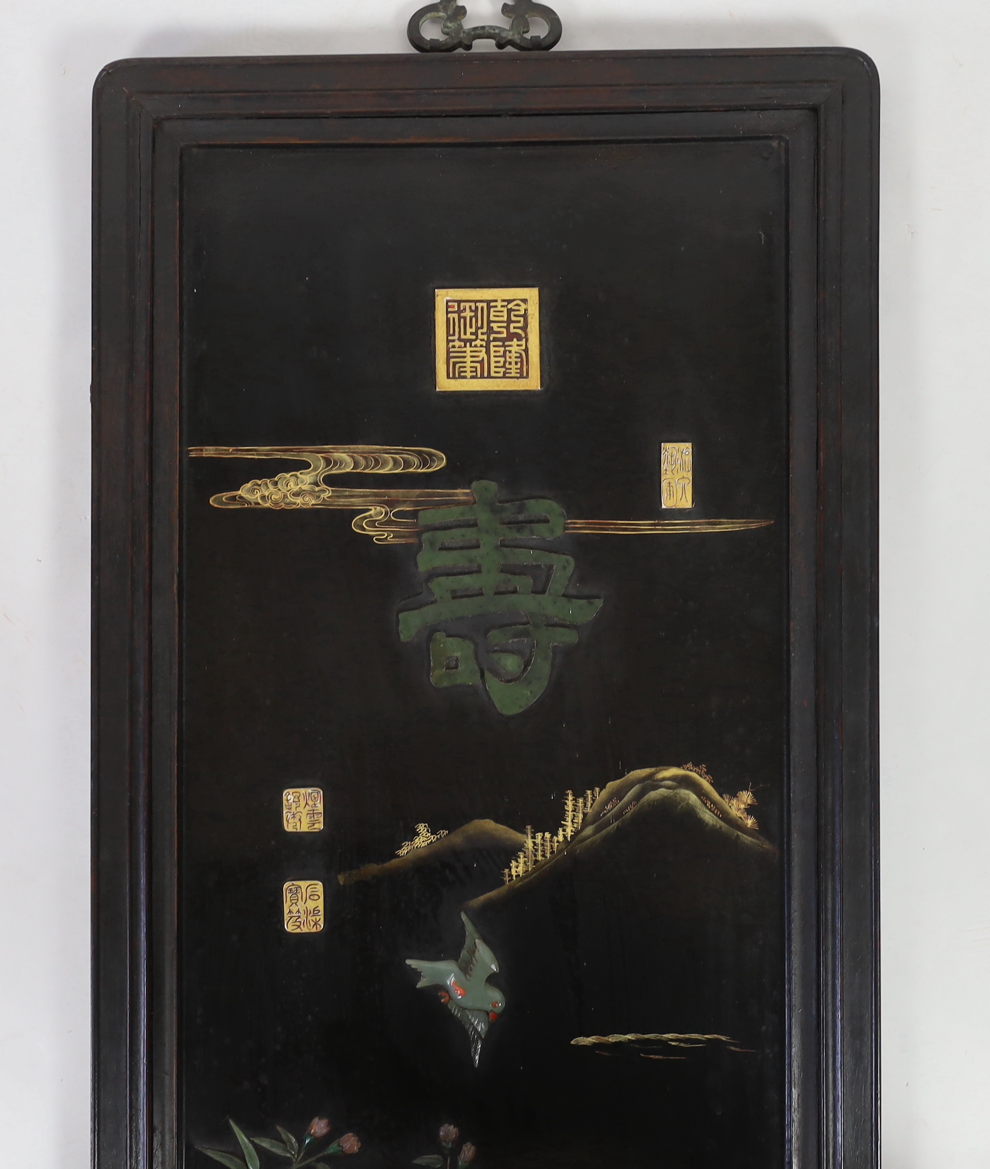 A Chinese jade mounted lacquer panel, 20th century, one applied jade figure Qing dynasty